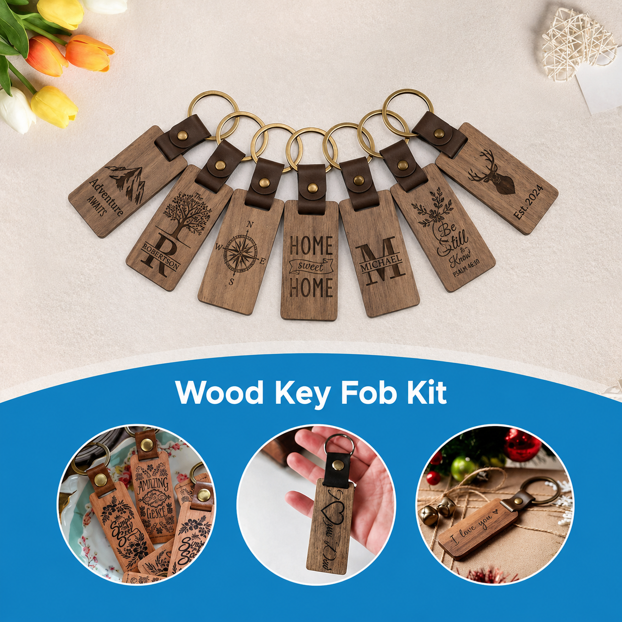 Dark Wooden Keyring 3 Customized Leather Keychain Blanks, Engraved Wood Key Chain - Image 1